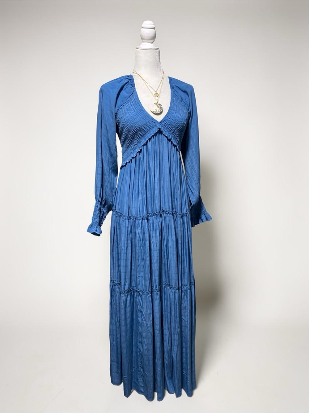 R. Vivimos Blue Long Sleeve Maxi Dress Boho Flowy Layered Ruffle Sz S NWT - Picture 3 of 9